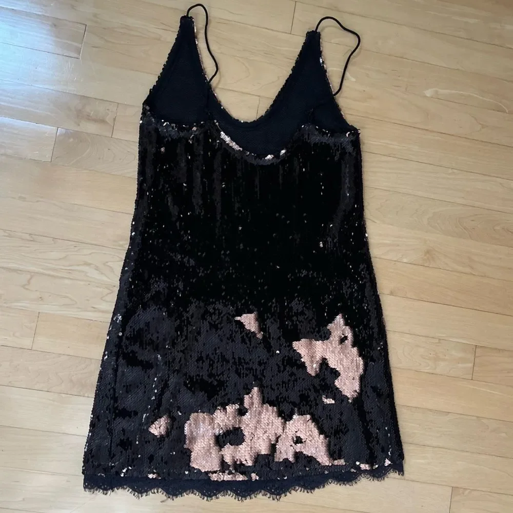 Free People Seeing Double Sequin Slip Dress in Black and Rose Gold S NWOT